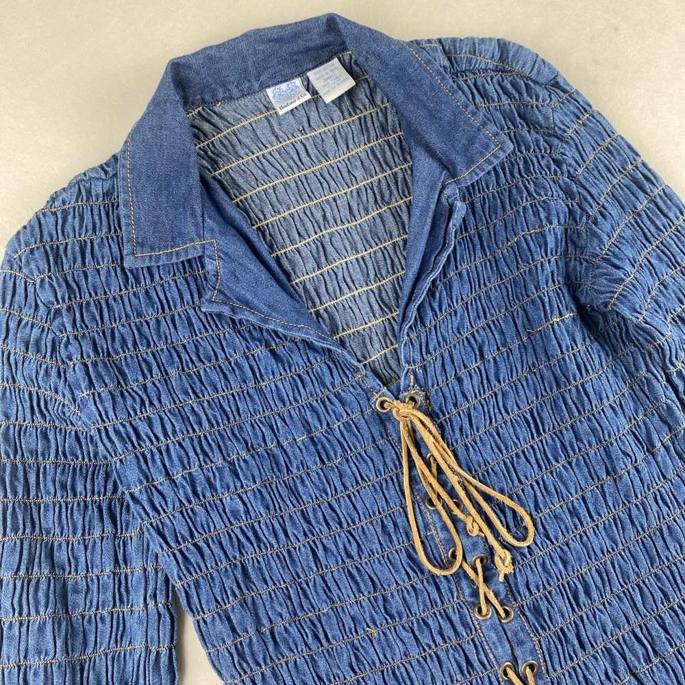 Andrew & Co Women's Blue Denim Shirred Lace up Blouse Small‎ 3/4 Sleeve Western